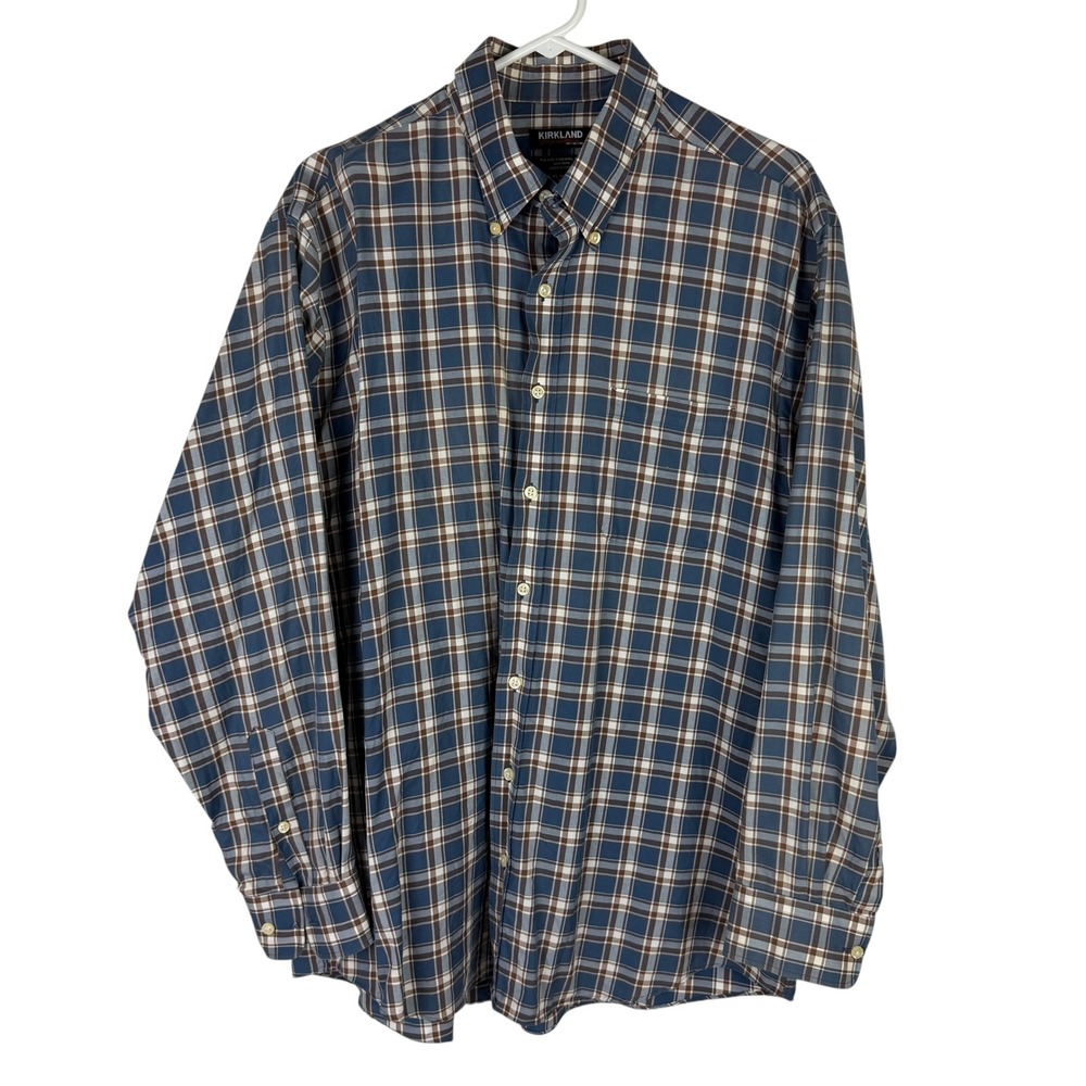 Kirkland Signature Men's XL Blue Brown Plaid Non-Iron Button-Down Shirt 997151 - Picture 5 of 8